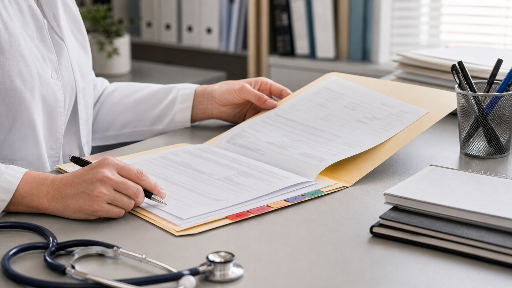 Dossier médical papier consulté sur une table de bureau